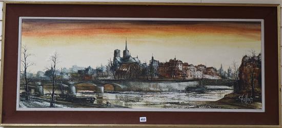 Ronald Folland (b.1932), oil on canvas, View of Notre Dame from The Seine, signed, 44 x 121cm